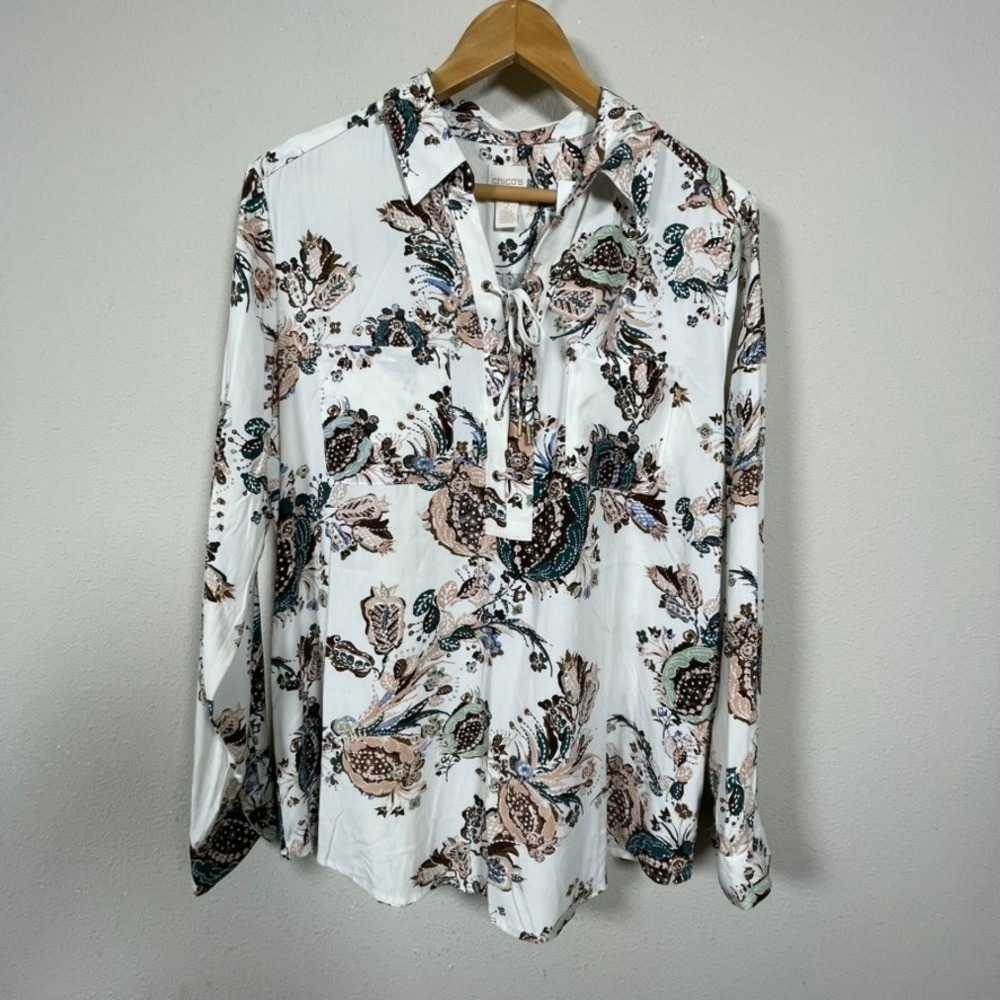 Chico's Silky Soft Botanical Lace Up Women Size 2 L NWT Paisley Blouse Fairycore